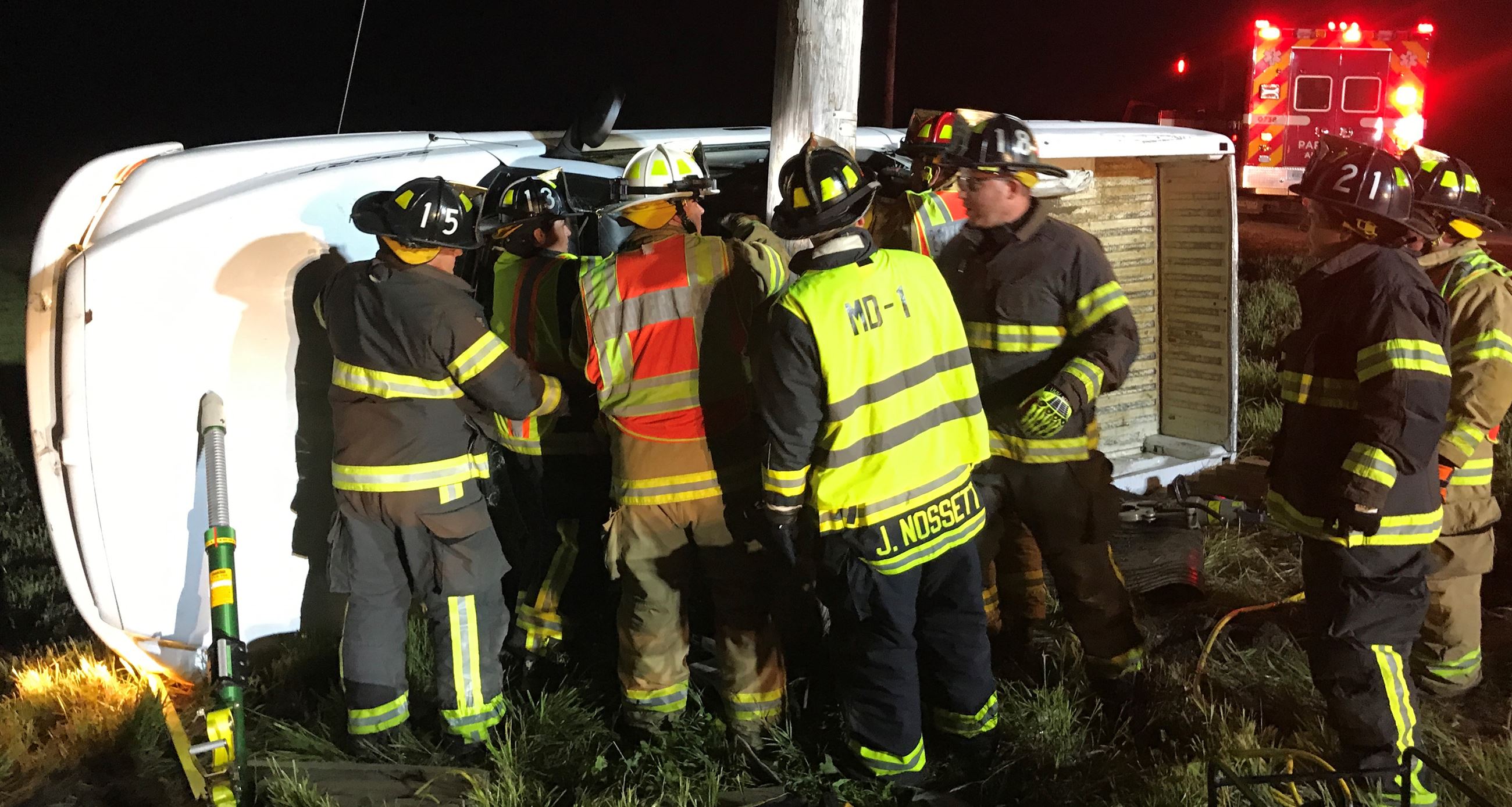 Doctor James Nossett assists Volunteer Firefighters with extrication at personal injury accident